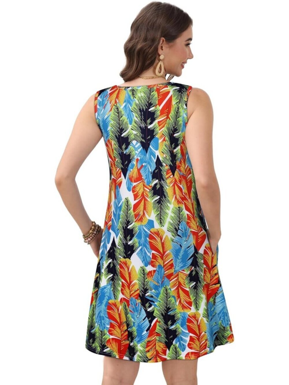 Women's Multicolor Feather Casual Sleeveless Loose Shirt V Neck Swing Mini Dress - Picture 6 of 6